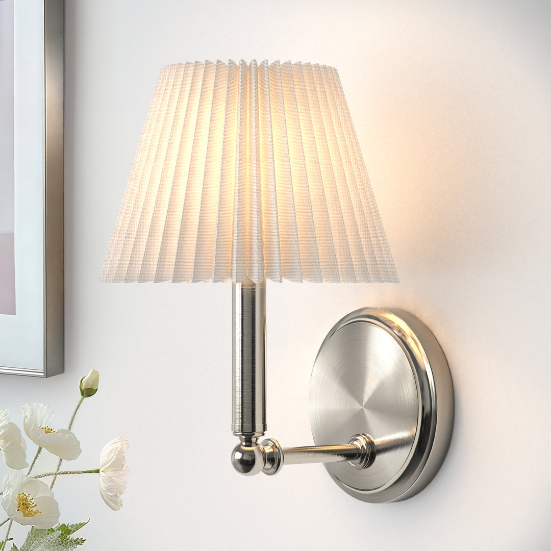 Glow Brass Armed Sconce With White Linen Shade #39006