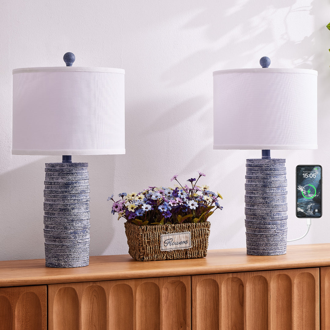 Maxax 23" Farmhouse Table Lamps Set of 2 with USB Ports, 3-Way Dimmable Resin Bedside Lamps for Living Room, Nightstand, Bedroom #T188