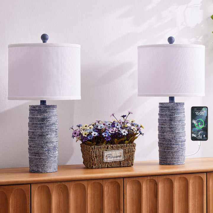 Maxax 23" Farmhouse Table Lamps Set of 2 with USB Ports, 3-Way Dimmable Resin Bedside Lamps for Living Room, Nightstand, Bedroom #T188