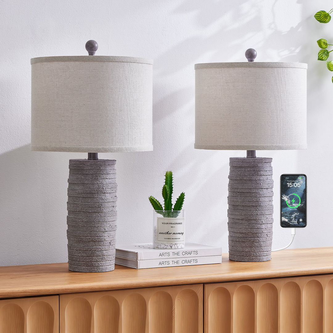 Maxax 23" Farmhouse Table Lamps Set of 2 with USB Ports, 3-Way Dimmable Resin Bedside Lamps for Living Room, Nightstand, Bedroom #T188