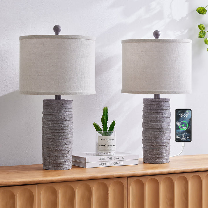 Maxax 23" Farmhouse Table Lamps Set of 2 with USB Ports, 3-Way Dimmable Resin Bedside Lamps for Living Room, Nightstand, Bedroom #T188