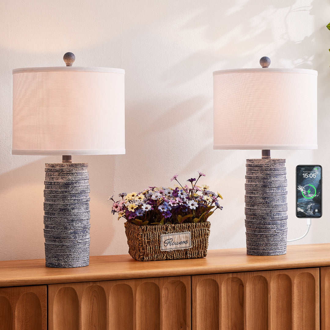 Maxax 23" Farmhouse Table Lamps Set of 2 with USB Ports, 3-Way Dimmable Resin Bedside Lamps for Living Room, Nightstand, Bedroom #T188
