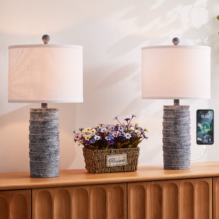 Maxax 23" Farmhouse Table Lamps Set of 2 with USB Ports, 3-Way Dimmable Resin Bedside Lamps for Living Room, Nightstand, Bedroom #T188
