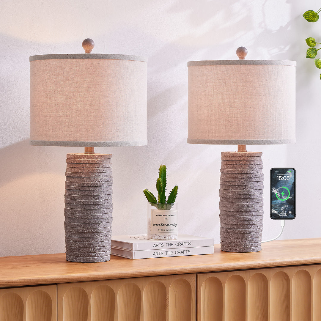 Maxax 23" Farmhouse Table Lamps Set of 2 with USB Ports, 3-Way Dimmable Resin Bedside Lamps for Living Room, Nightstand, Bedroom #T188