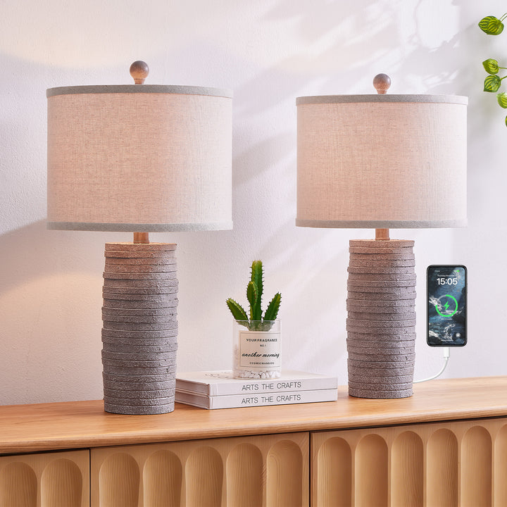 Maxax 23" Farmhouse Table Lamps Set of 2 with USB Ports, 3-Way Dimmable Resin Bedside Lamps for Living Room, Nightstand, Bedroom #T188
