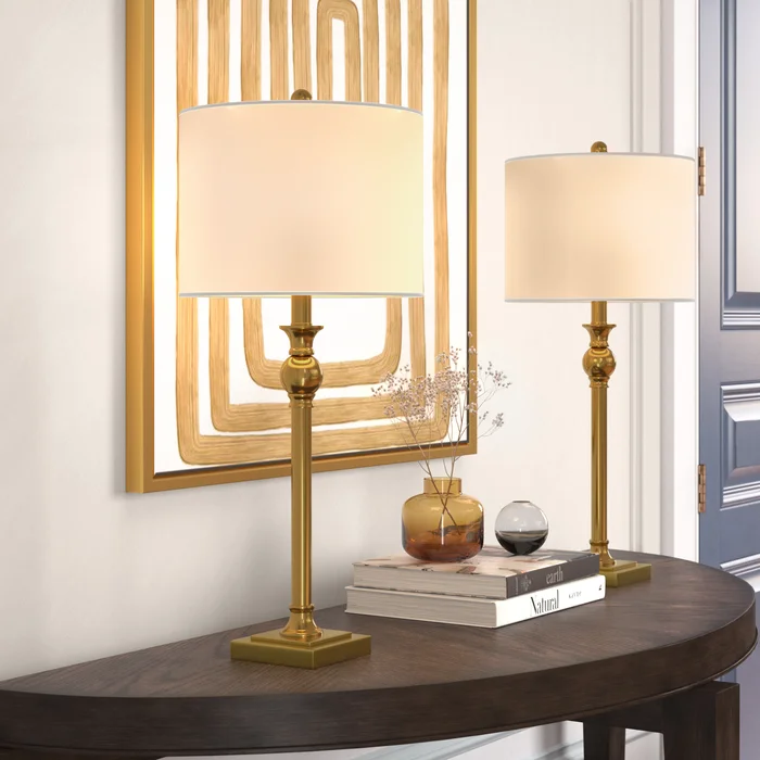 Maxax  Gold Metal Table Lamp set of 2 with White Drum Shades