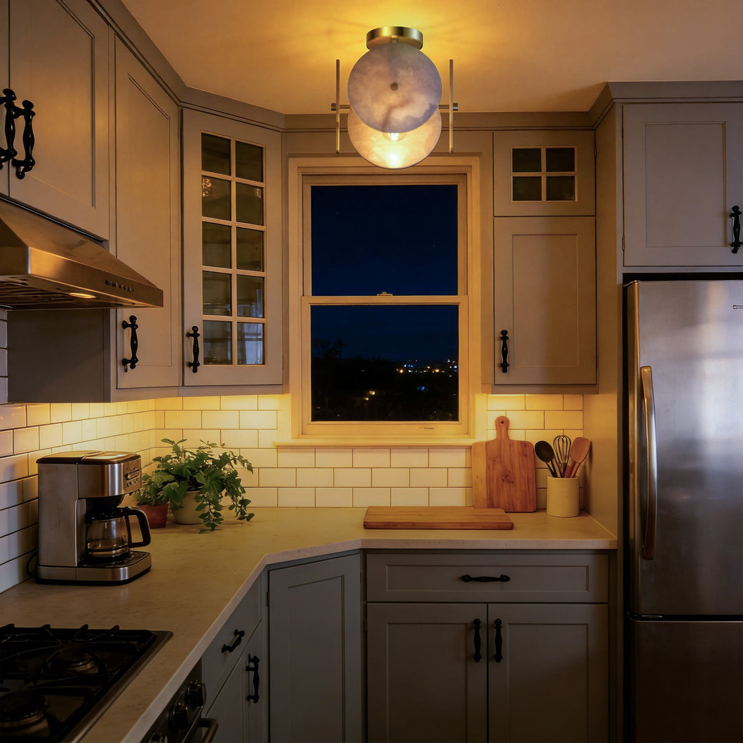 Nest 9.8" 1-Light Modern Brushed Brass Unique/Statement Semi-Flush Mount With White Jade Marble Shade For Hallways, Stairwells & Dining Rooms #19237