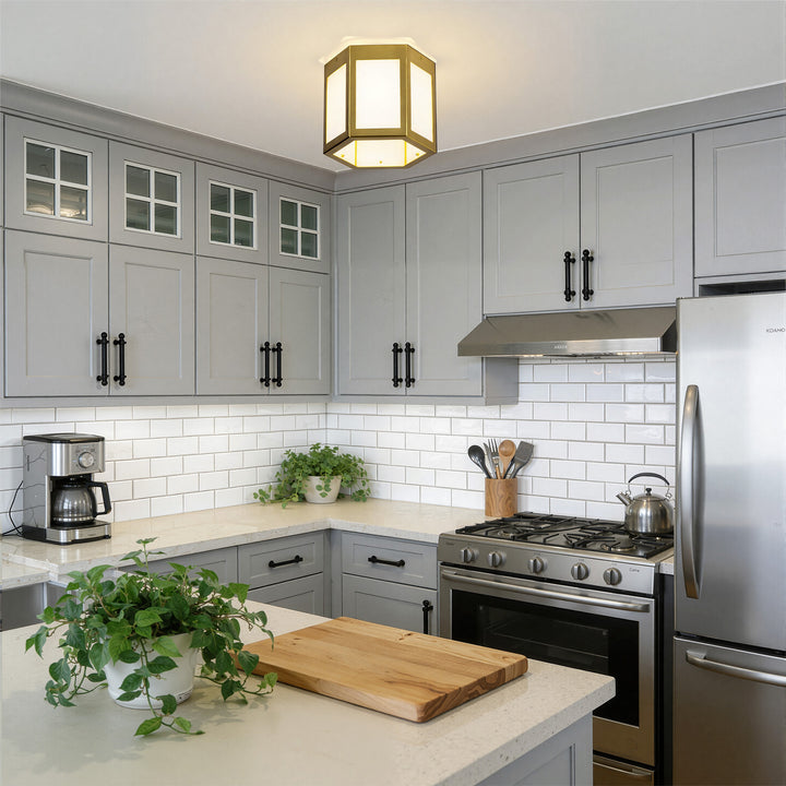 Nest 9.8" 1-Light Modern Brushed Brass White Jade Marble Lantern Flush Mount For Hallway/Entryway/Stairway #19238