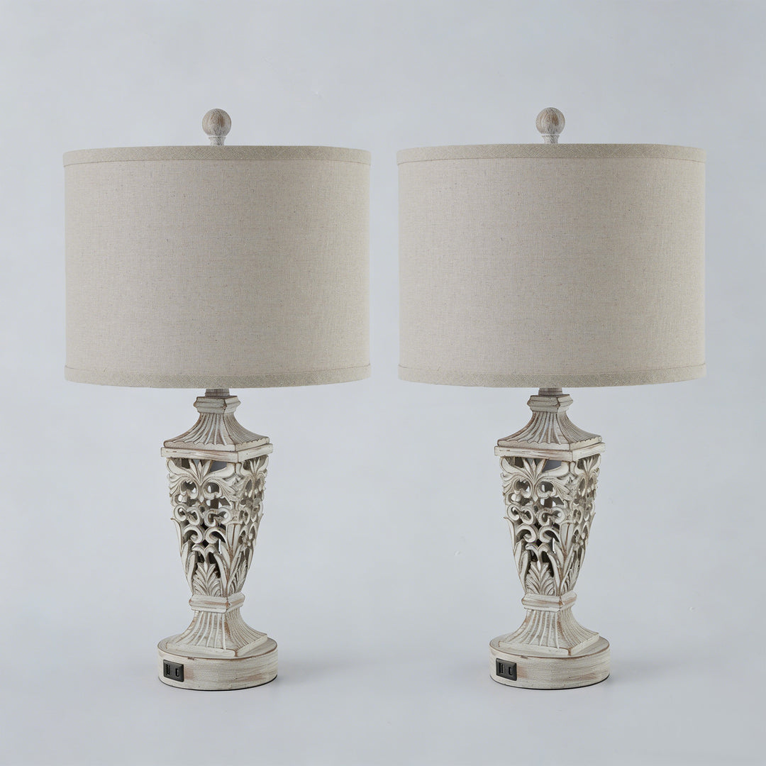 Farmhouse Carved Resin Table Lamp Set with Linen Drum Shades (Set of 2) #T278