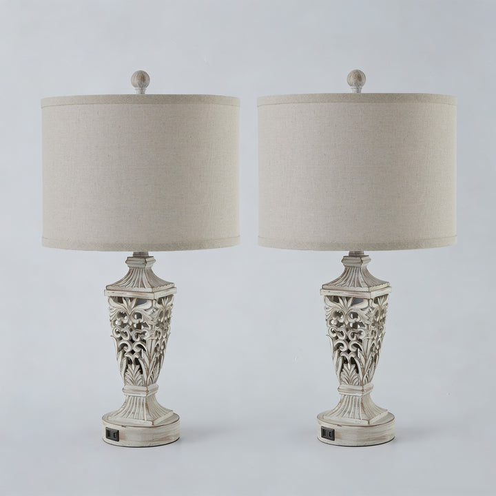 Farmhouse Carved Resin Table Lamp Set with Linen Drum Shades (Set of 2) #T278