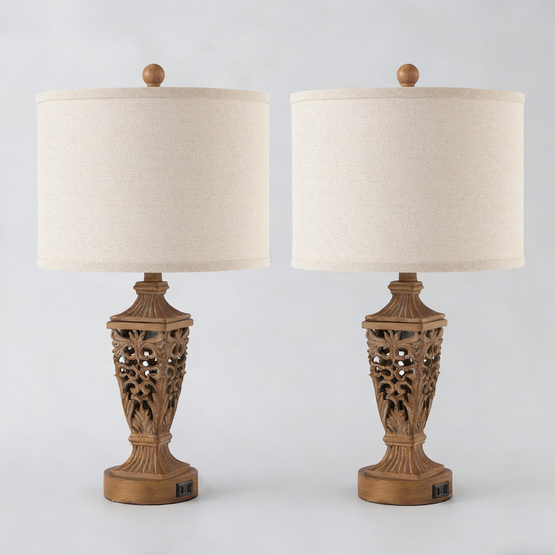 Farmhouse Carved Resin Table Lamp Set with Linen Drum Shades (Set of 2) #T278
