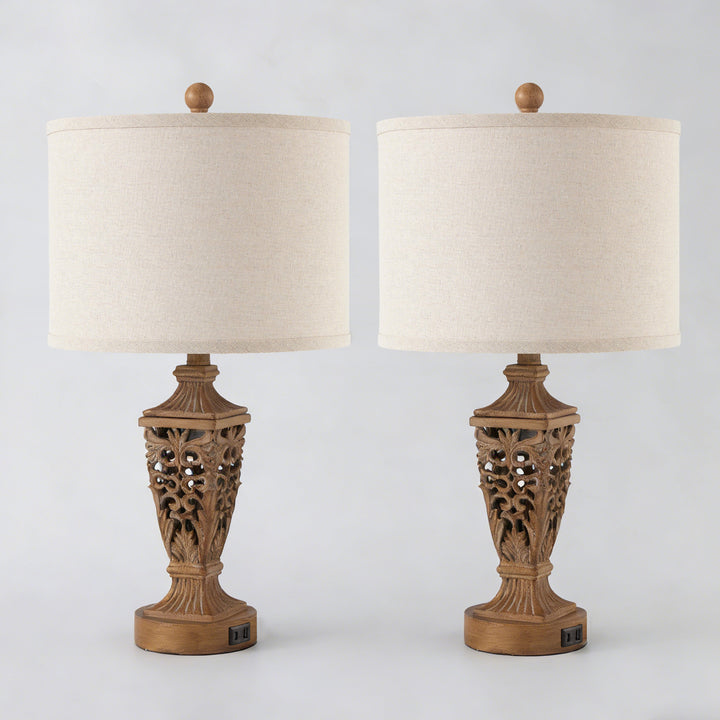 Farmhouse Carved Resin Table Lamp Set with Linen Drum Shades (Set of 2) #T278