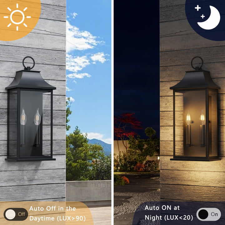Lawyettle Black Outdoor Wall Light, 20.6-Inch Dusk to Dawn Sensor Exterior Lantern, Waterproof Porch Wall Sconce with 2-Light E12 Socket for Patio, Doorway, Garage #7076-2BK