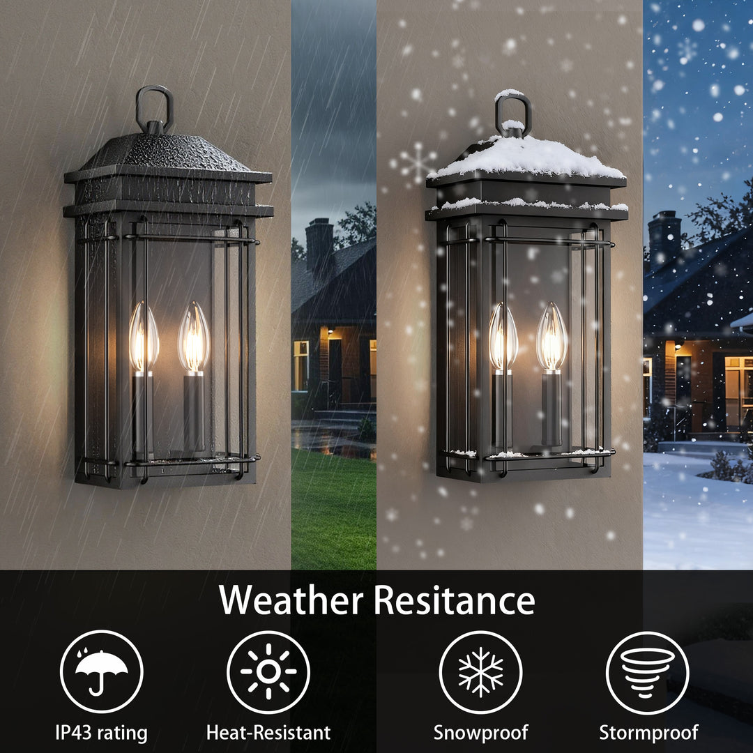 Solstice 2 - Light 16''H Black Iron Tempered Glass Outdoor Wall Light With Dusk To Dawn #7083