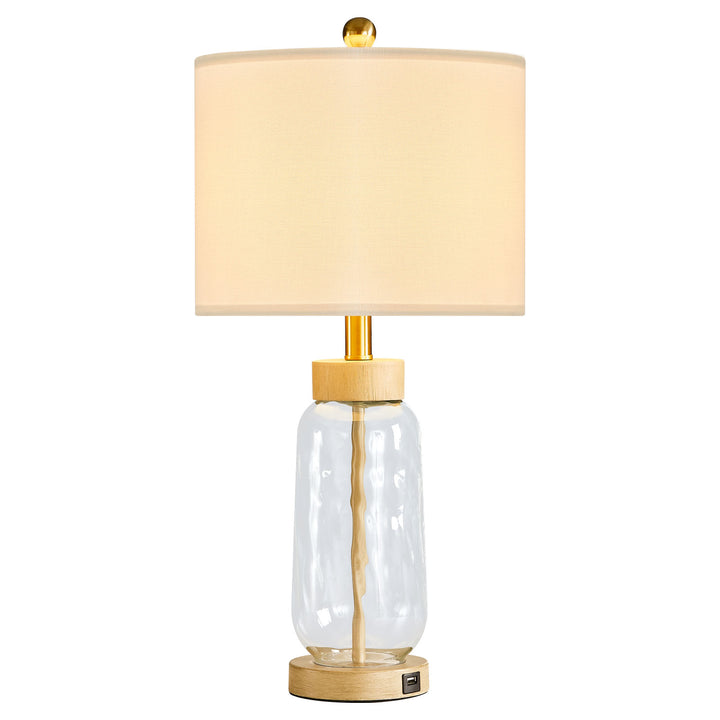 24 in. Brown Modern/Bohemian/Farmhouse Dimmable Glass Wood Metal For Bedroom Living Room Bedside Desk Nightstand Table Lamp With White Linen Drum Shape And USB Prot (Set of 2)