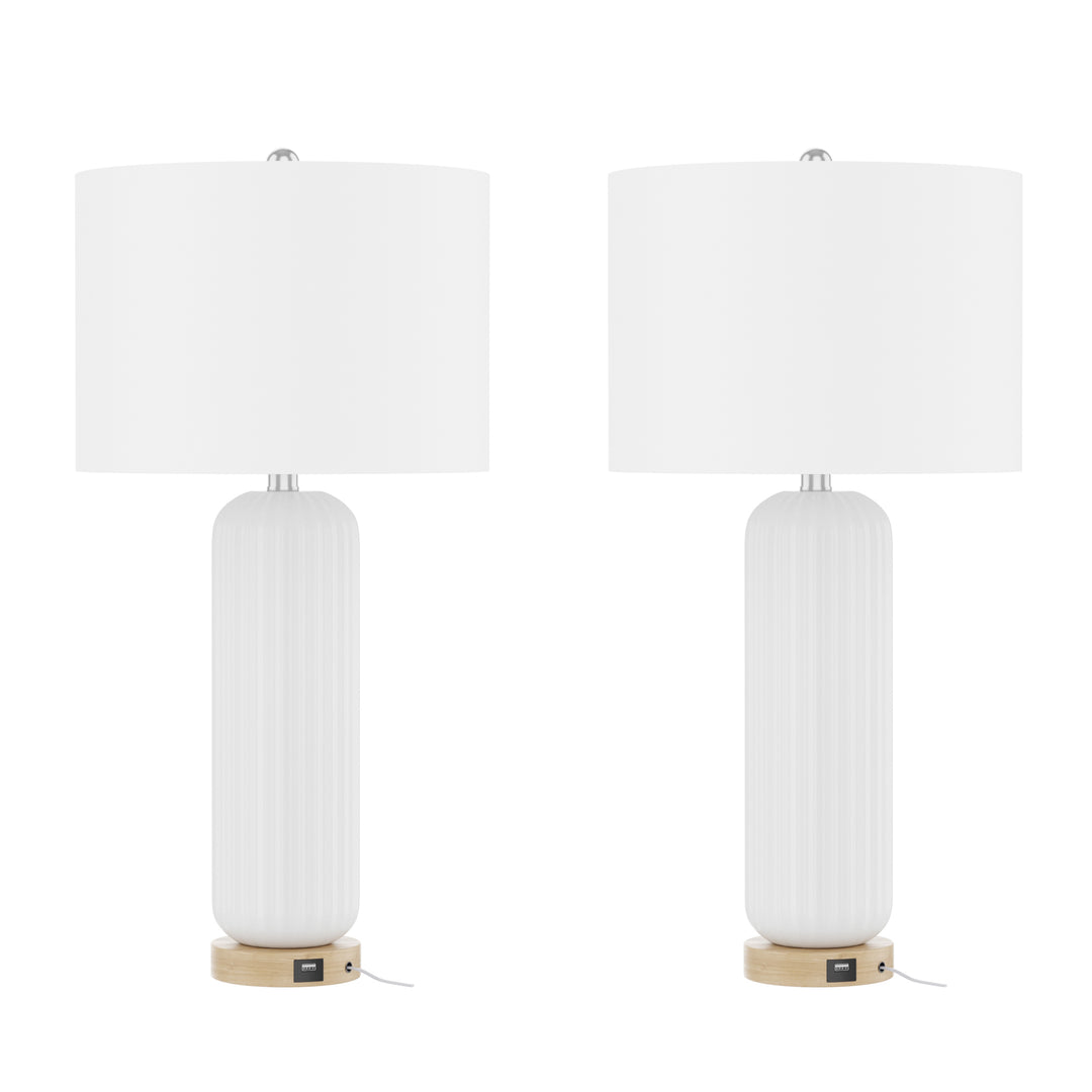 28" Modern Fluted Ceramic Table Lamp with USB Charging Port and 3-Way Dimmable Lighting for Bedroom, Living Room and Study (Set of 2) #T164
