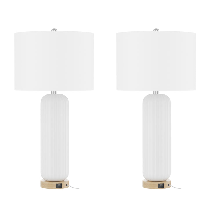 28" Modern Fluted Ceramic Table Lamp with USB Charging Port and 3-Way Dimmable Lighting for Bedroom, Living Room and Study (Set of 2) #T164