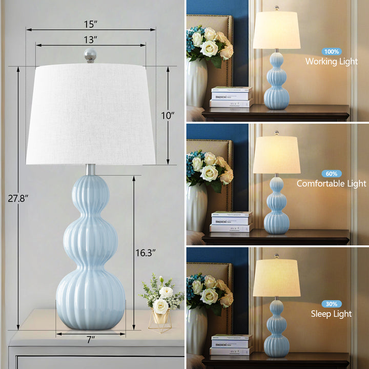 Maxax Blue Ceramic Table Lamps Set of 2，28" Triple Gourd Bedside Nightstand Lamps with White Shade for Living Room，Bedroom，Office #T45-BU