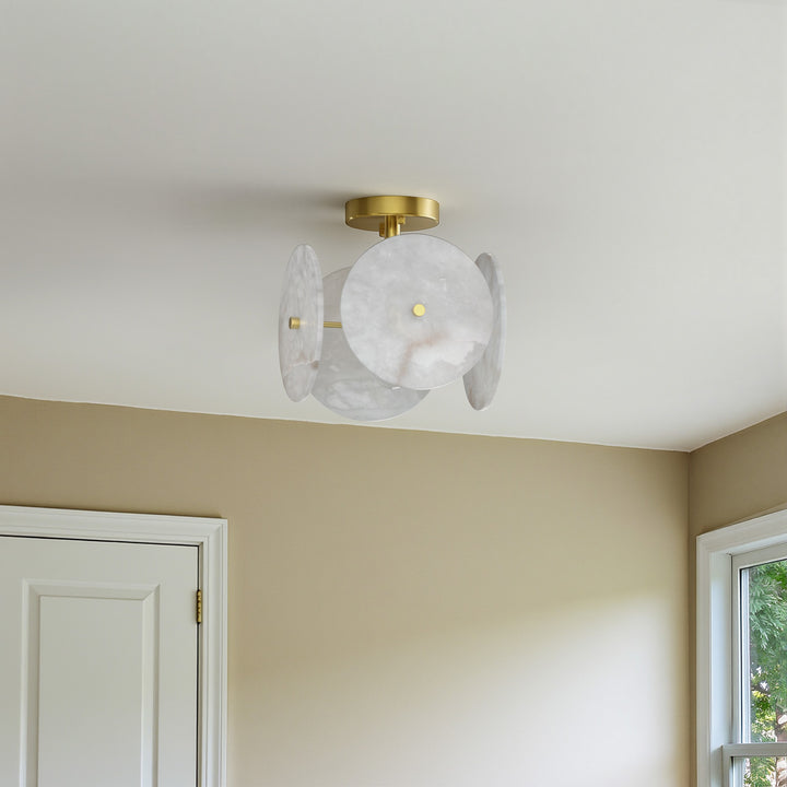 Nest 9.8" 1-Light Modern Brushed Brass Unique/Statement Semi-Flush Mount With White Jade Marble Shade For Hallways, Stairwells & Dining Rooms #19237