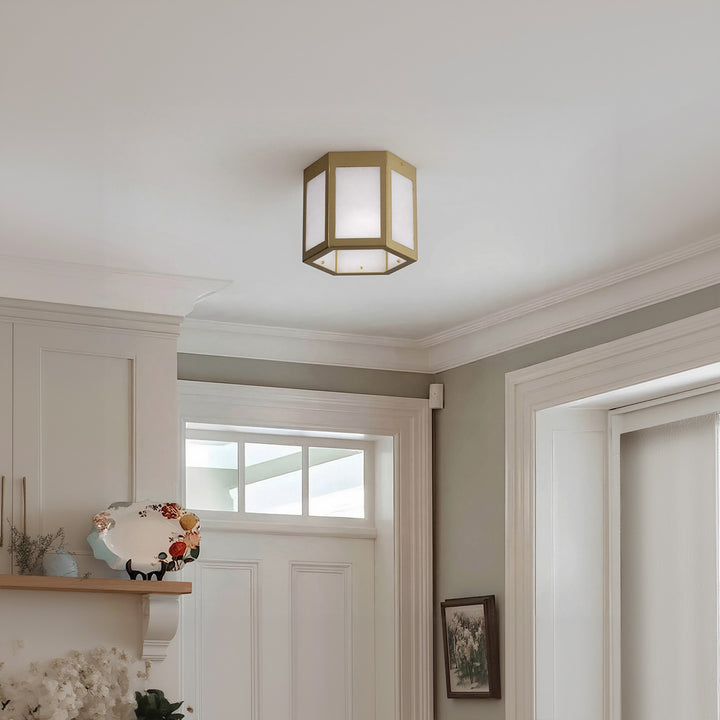 Nest 9.8" 1-Light Modern Brushed Brass White Jade Marble Lantern Flush Mount For Hallway/Entryway/Stairway #19238