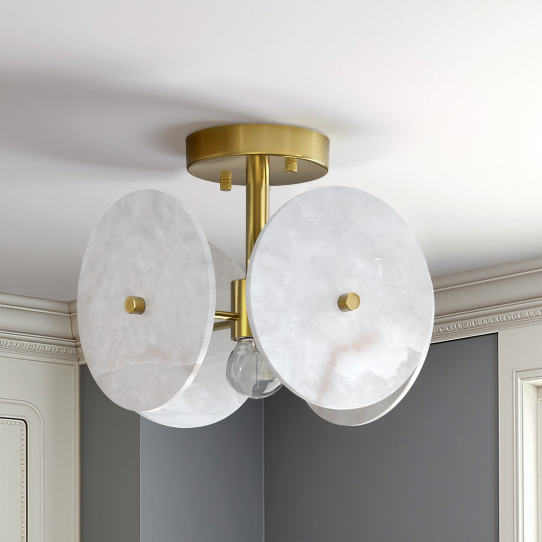 Nest 9.8" 1-Light Modern Brushed Brass Unique/Statement Semi-Flush Mount With White Jade Marble Shade For Hallways, Stairwells & Dining Rooms #19237