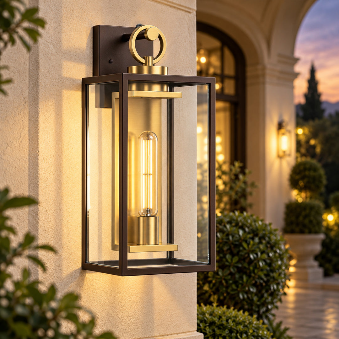 18.11" 1-Light Dusk-to-Dawn Outdoor Wall Sconce, Waterproof Matte Black Lantern with Clear Glass &amp; Brushed Gold Interior 