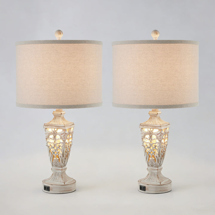 Farmhouse Carved Resin Table Lamp Set with Linen Drum Shades (Set of 2) #T278