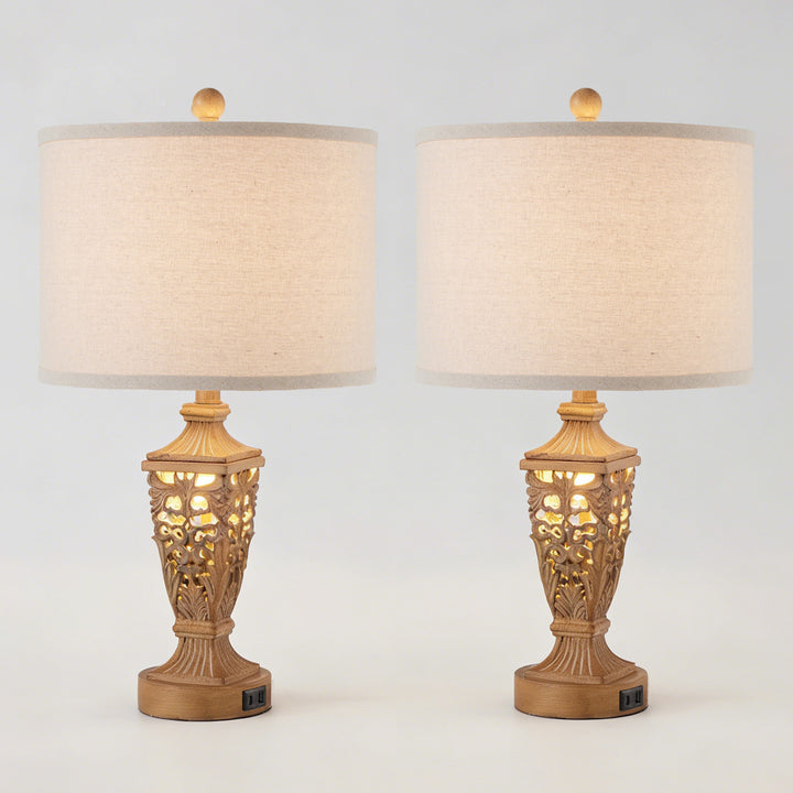 Farmhouse Carved Resin Table Lamp Set with Linen Drum Shades (Set of 2) #T278