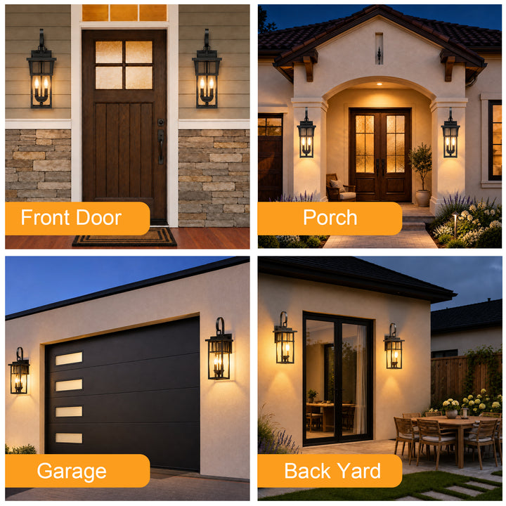 19.7" 2-Light Farmhouse Outdoor Wall Sconce with Dusk to Dawn Photocell, Weatherproof Matte Black Frame &amp; Clear Tempered Glass 
