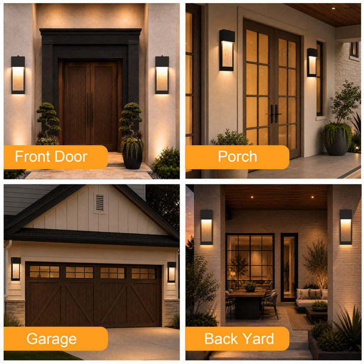 15.1" Modern LED Outdoor Wall Sconce, Dusk-to-Dawn Sensor, Dimmable 3000K, Travertine Stone &amp; Frosted Glass 