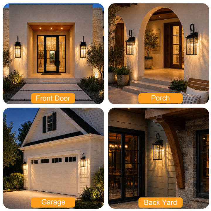 19" 1-Light Farmhouse Outdoor Wall Lantern, Dusk to Dawn &amp; 3CCT Selectable, Waterproof Black Frame with Water Ripple Glass 