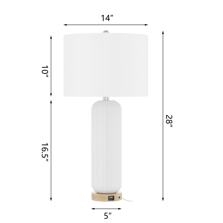 28" Modern Fluted Ceramic Table Lamp with USB Charging Port and 3-Way Dimmable Lighting for Bedroom, Living Room and Study (Set of 2) #T164