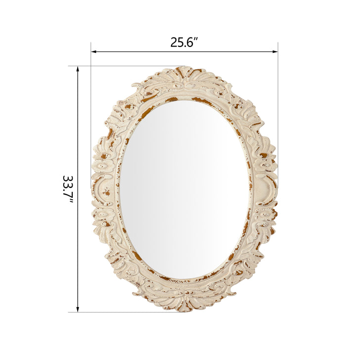 26 in. W x 34 in. H Antiqued White Baroque Oval Framed Wall Bathroom Vanity Mirror #25011