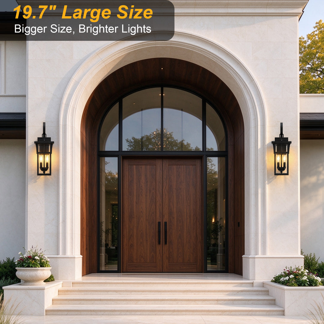 19.7" 2-Light Farmhouse Outdoor Wall Sconce with Dusk to Dawn Photocell, Weatherproof Matte Black Frame &amp; Clear Tempered Glass 