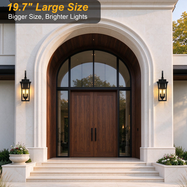 19.7" 2-Light Farmhouse Outdoor Wall Sconce with Dusk to Dawn Photocell, Weatherproof Matte Black Frame &amp; Clear Tempered Glass 
