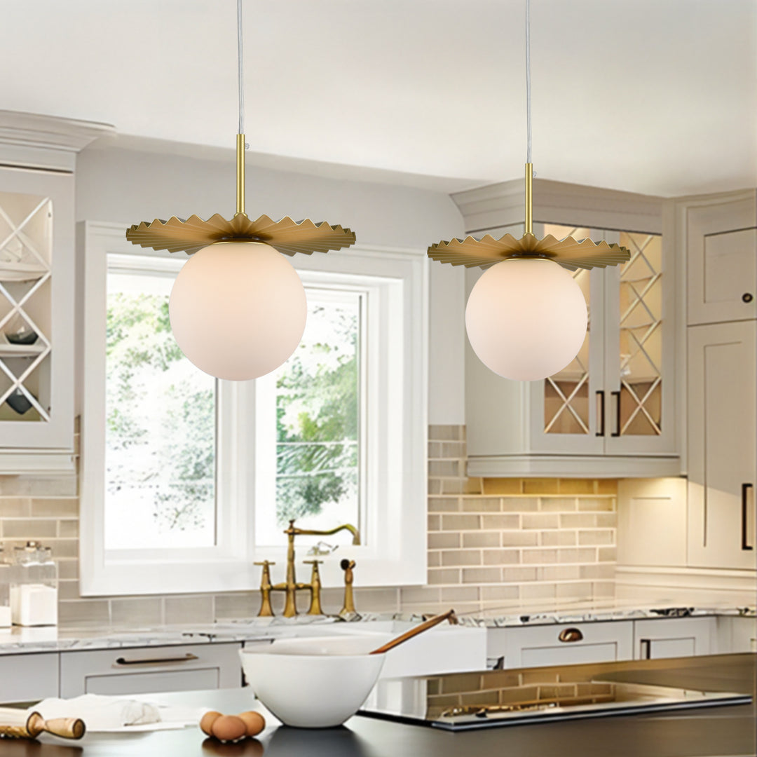 1 - Light 9.8" Single Gold Globe Wrought Iron Accents Modern Pendant with Glass Shade for Kitchen Island #5017