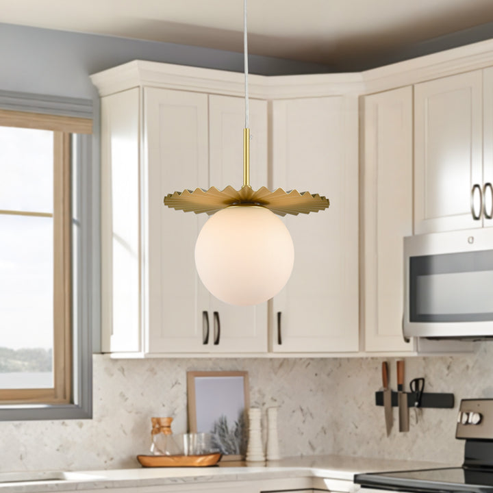 1 - Light 9.8" Single Gold Globe Wrought Iron Accents Modern Pendant with Glass Shade for Kitchen Island #5017