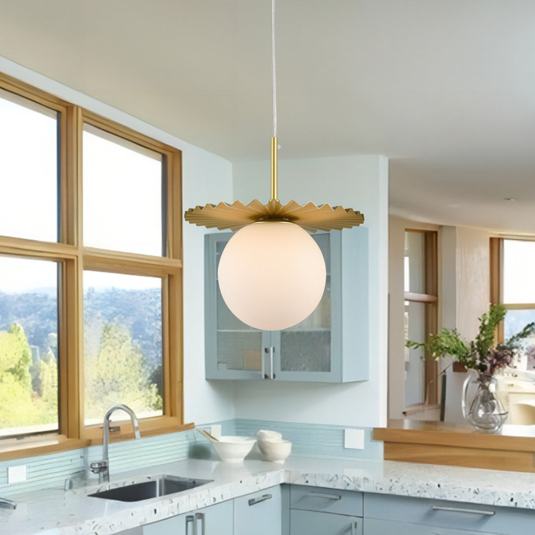 1 - Light 9.8" Single Gold Globe Wrought Iron Accents Modern Pendant with Glass Shade for Kitchen Island #5017