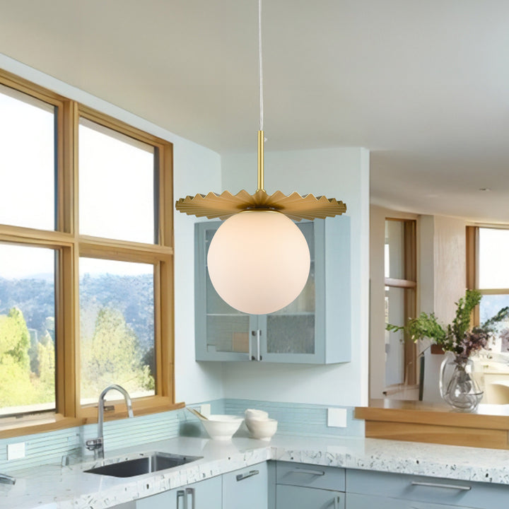 1 - Light 9.8" Single Gold Globe Wrought Iron Accents Modern Pendant with Glass Shade for Kitchen Island #5017