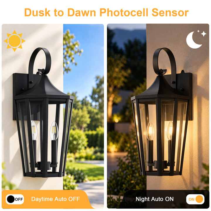 2-Light 19" Farmhouse Waterproof Outdoor Wall Lantern Sconce, Sand Grain Black Iron Frame &amp; Clear Tempered Glass, Hardwired Dusk to Dawn Photocell Exterior Front Porch Light