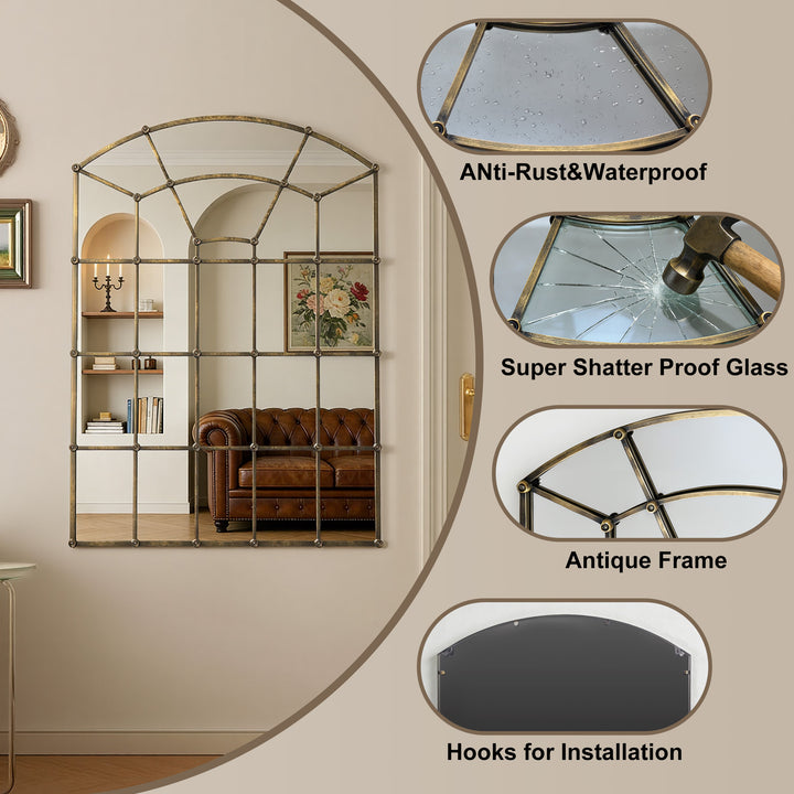 Reflect Vintage Metal Framed Arch Bronze Window & Wall Mantel Mirror For Living Room Entryway #30005