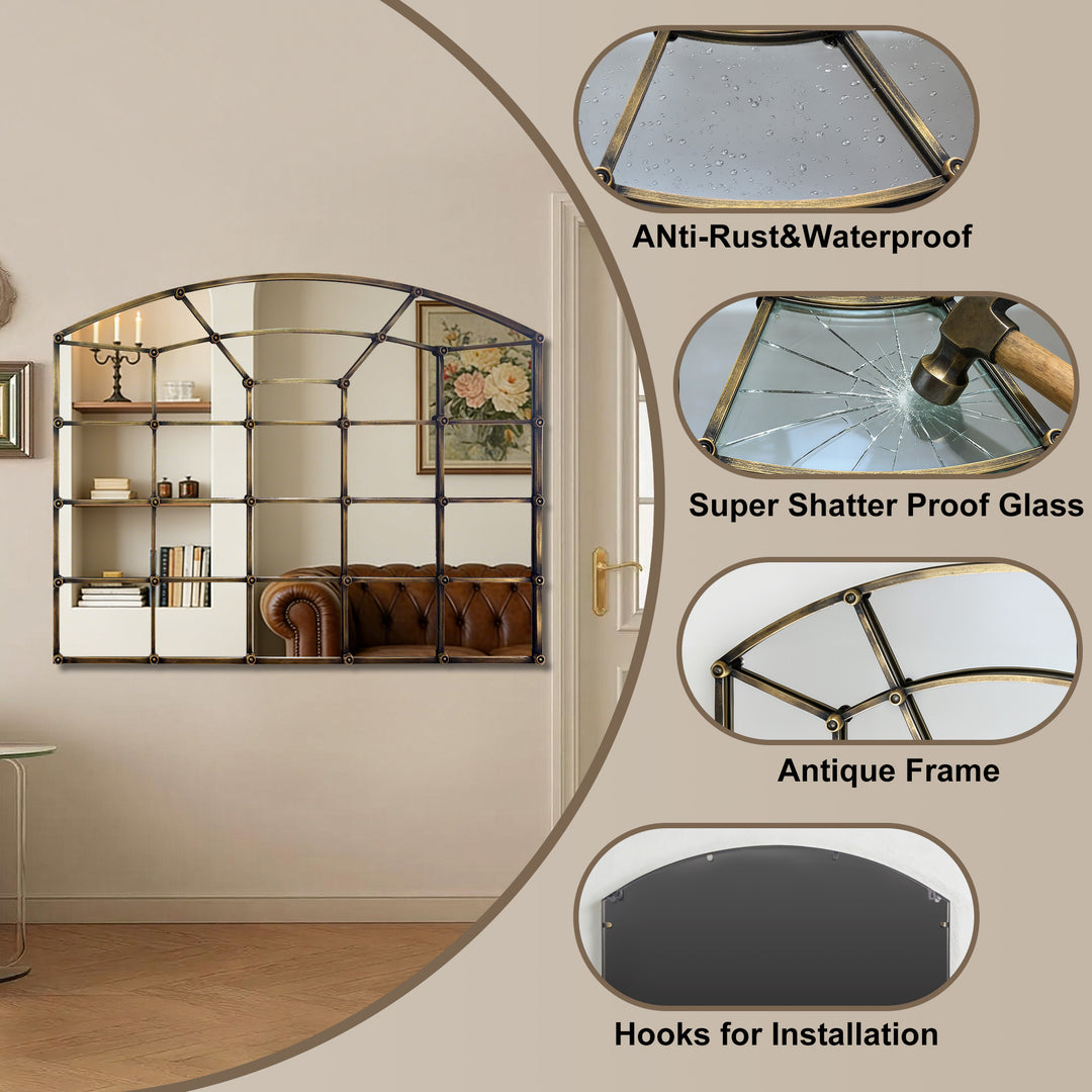Reflect Vintage Metal Framed Arch Bronze Window & Wall Mantel Mirror For Living Room Entryway #30005