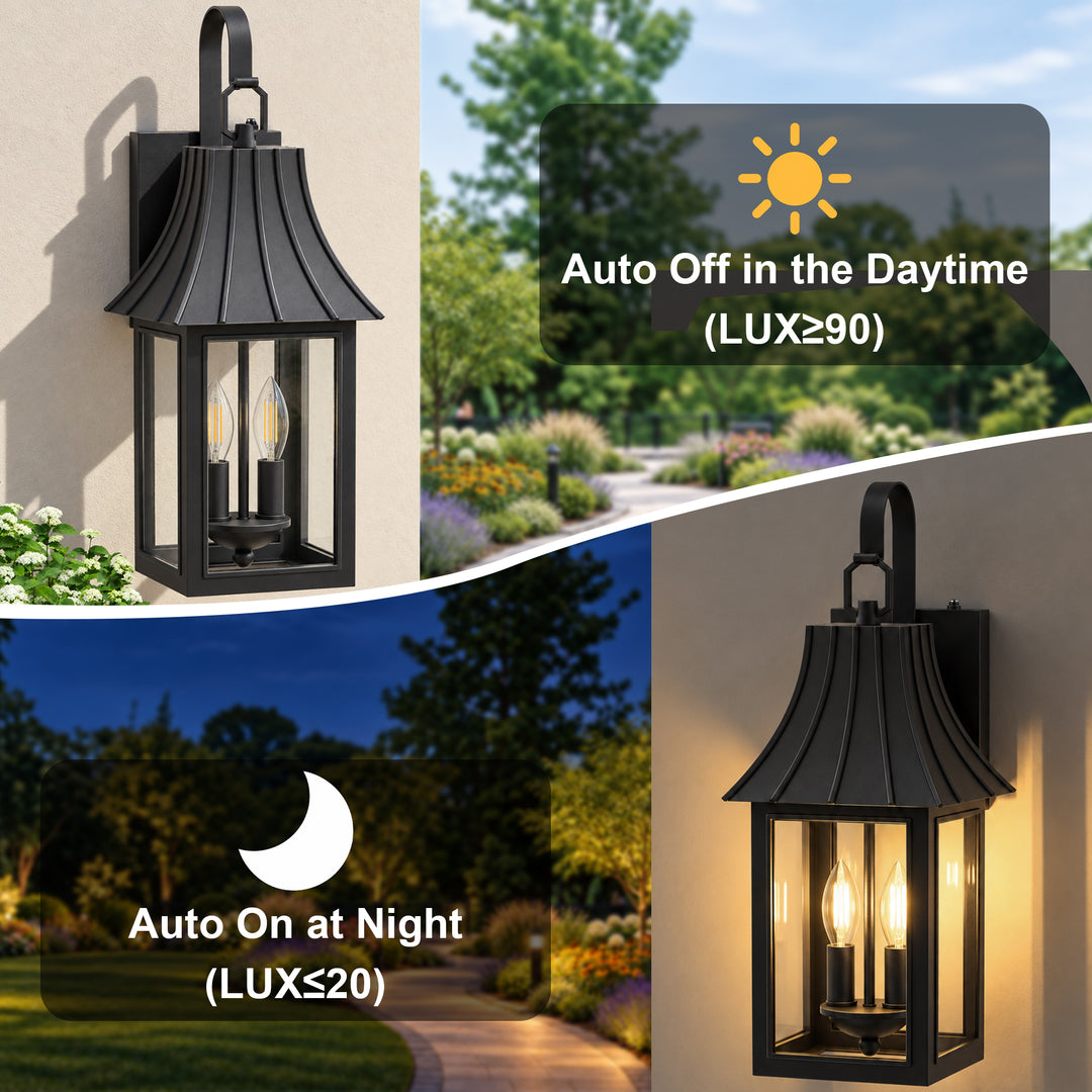 16" 1-Light Farmhouse Outdoor Wall Sconces with Dusk to Dawn Photocell, Weatherproof Matte Black Lanterns with Clear Glass, Set of 2 