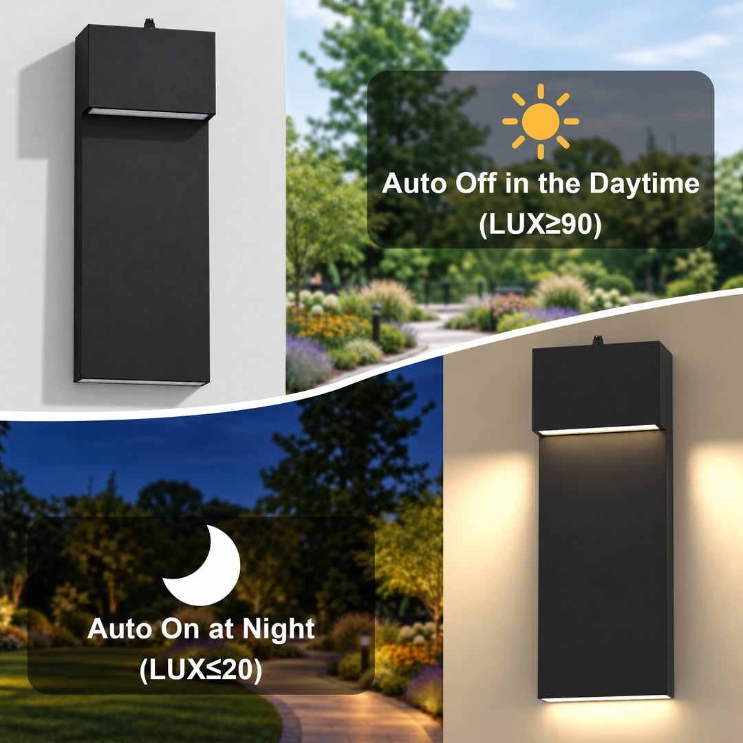 15.1" Modern LED Outdoor Wall Sconce, Dimmable 3000K, Dusk-to-Dawn Sensor, Travertine Stone &amp; Frosted Glass 