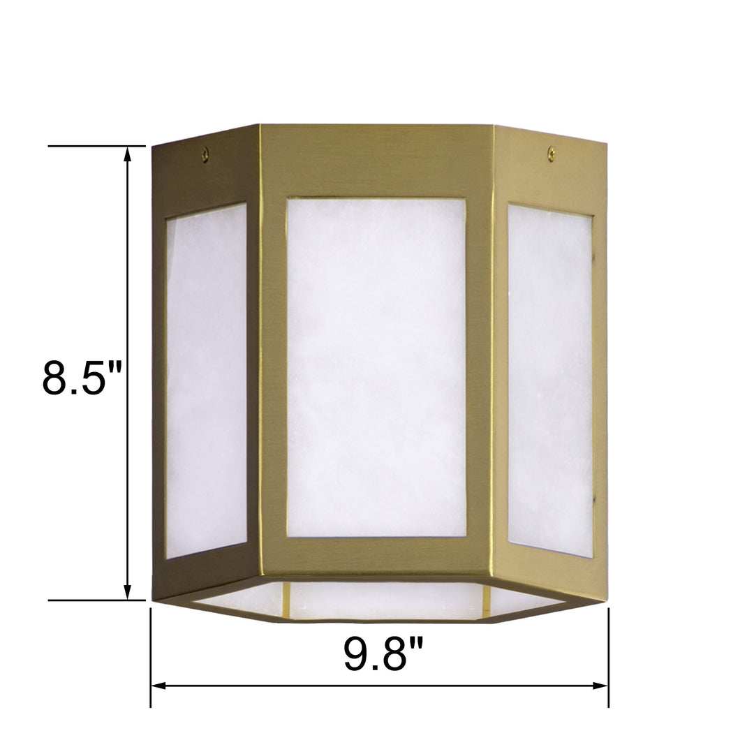 Nest 9.8" 1-Light Modern Brushed Brass White Jade Marble Lantern Flush Mount For Hallway/Entryway/Stairway #19238