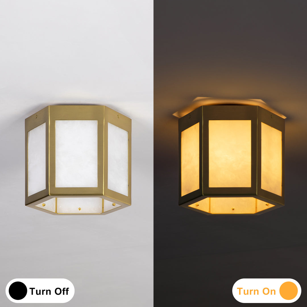 Nest 9.8" 1-Light Modern Brushed Brass White Jade Marble Lantern Flush Mount For Hallway/Entryway/Stairway #19238