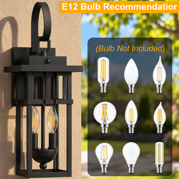 19.7" 2-Light Farmhouse Outdoor Wall Sconce with Dusk to Dawn Photocell, Weatherproof Matte Black Frame &amp; Clear Tempered Glass 
