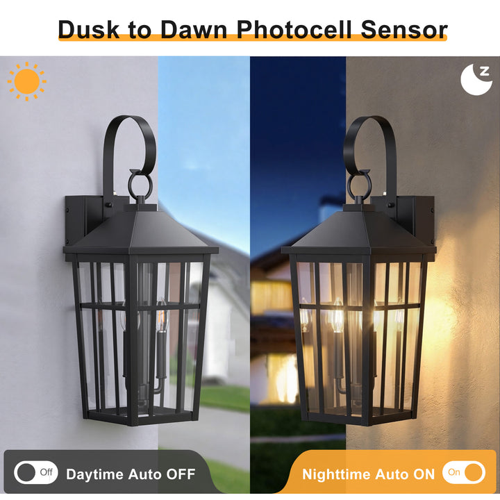 Solstice 12.6''H Black Iron Clear Tempered Glass Outdoor Wall Light with Dusk to Dawn and Built-In GFCI Outlet (Set of 2) #OW7118