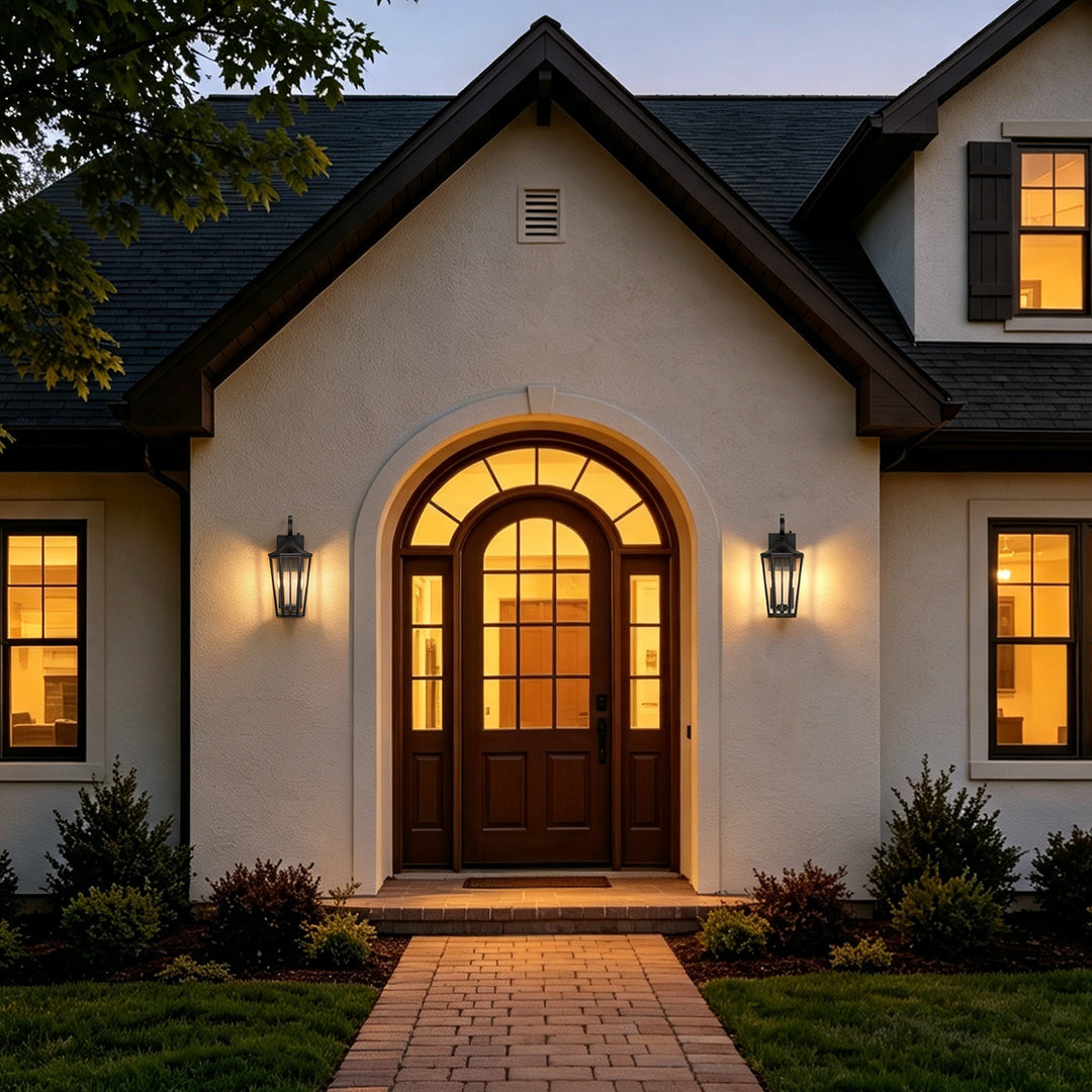 2-Light 19" Farmhouse Waterproof Outdoor Wall Lantern Sconce, Sand Grain Black Iron Frame &amp; Clear Tempered Glass, Hardwired Dusk to Dawn Photocell Exterior Front Porch Light