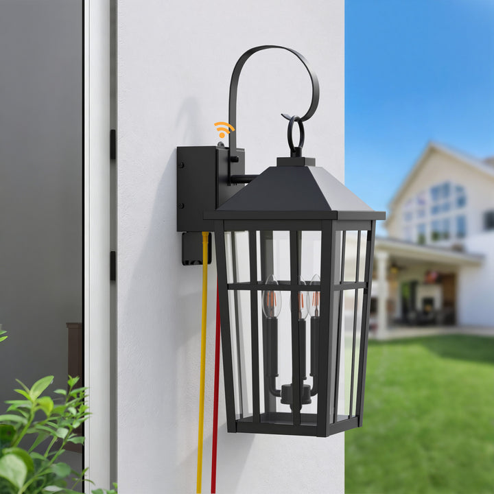 Solstice 12.6''H Black Iron Clear Tempered Glass Outdoor Wall Light with Dusk to Dawn and Built-In GFCI Outlet (Set of 2) #OW7118